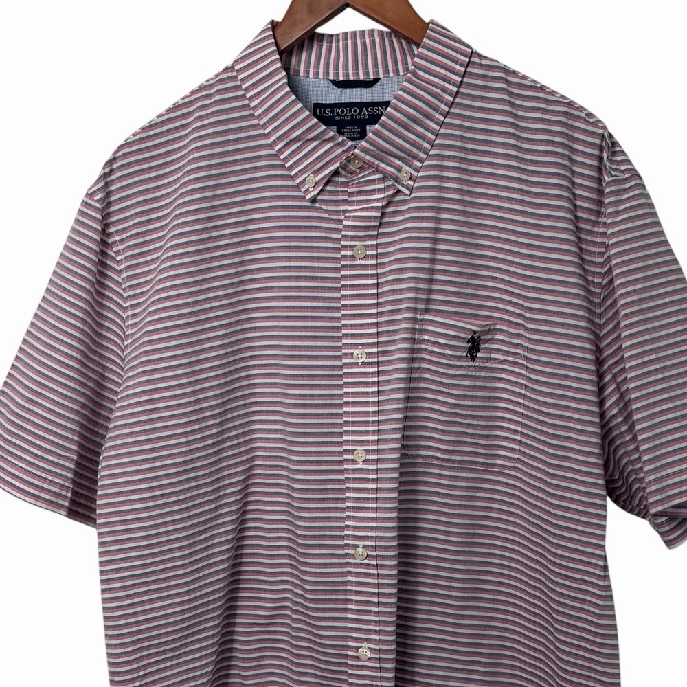 US POLO ASSN Mens Striped Short Sleeve Button Down Shirt Size L Red Blue White